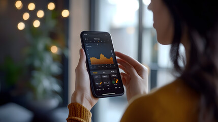 Smartphone App Interface: A woman attentively studies a detailed smartphone interface, revealing real-time data and insights with soft focus background. This image is perfect for illustrating tech.