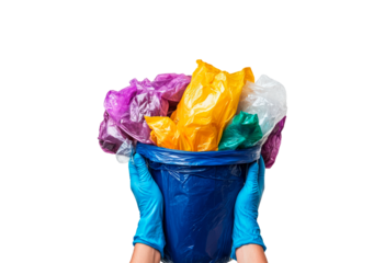 Two hands wearing blue gloves hold a mix of plastic waste isolated on transparent background