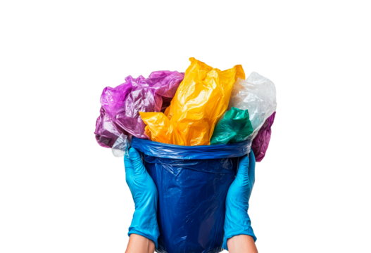Two hands wearing blue gloves hold a mix of plastic waste isolated on transparent background