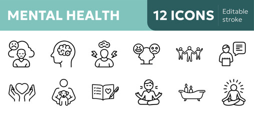 mental health icons for mindfulness, therapy, self-care, stress relief, support groups, perfect for wellness apps, counseling platforms and mental health advocacy
