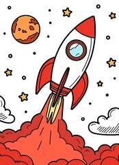 Rocket launching into space with stars and clouds background  