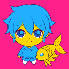 Funny yellow cartoon sun character with a smiling face and angel wings against a summer sky