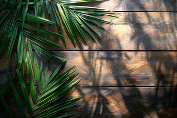 Tropical Palm Leaves Casting Shadows on Sunlit Wood