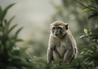 Obraz premium Sad monkey is resting in the jungle in natural park habitat. Animal gazing with big eyes in forest scene for zoology concept and wildlife art idea