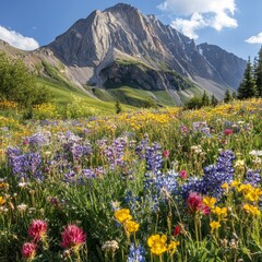 Obraz premium A vibrant field of wildflowers at the base of a towering mountain 