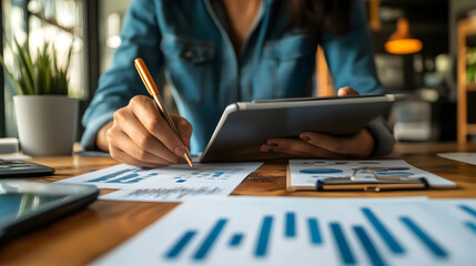 Analyzing Data: A person reviews financial documents, engrossed in the analytical process, enhancing the narrative.