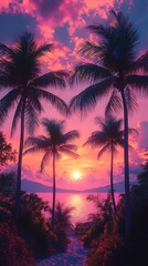 Serene beach sunset palm trees high resolution photo