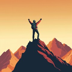 A hiker standing triumphantly on a mountain peak, arms raised 