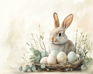 Easter bunny Two adorable rabbits are sitting in a colorful meadow filled with flowers and decorated Easter eggs, capturing the essence of springtime joy.