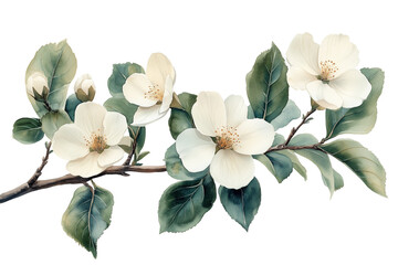 Vintage Watercolor Spring Floral Branch with White Flowers and Green Leaves