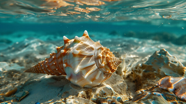Exotic beach underwater scene with counch, symbolizing tranquility, marine beauty, and coastal elegance