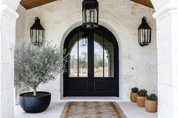 Elegant entrance showcasing a modern black door framed by decorative lanterns and lush greenery in a serene outdoor setting at golden hour