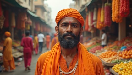 Obraz premium Vibrant Indian market scene with traditional man in orange dada. Noisy with colorful stalls diverse goods. Indian man with grey beard, red dot. Daily life shopping at market center focus.
