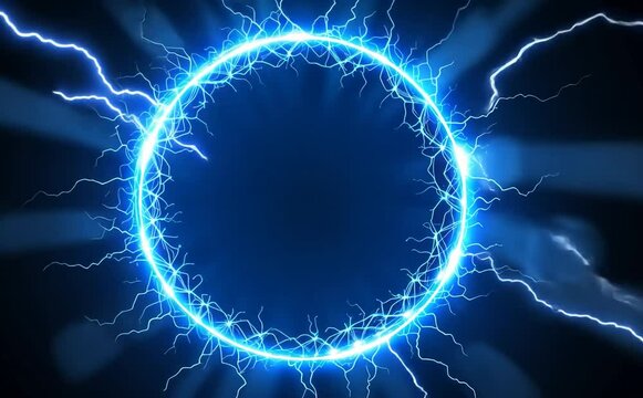 Blue Lightning Storm Circle on Black Background . 4k	
