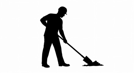Man with shovel works, digs ground. Silhouette of worker cleans up dirt soil. Building services. Heavy physical labor job. Black and white illustration for print or web use.