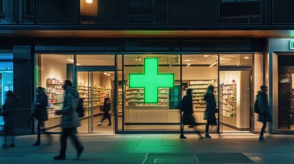 Modern pharmacy exterior featuring illuminated green cross in urban setting during evening