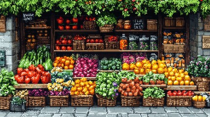 Obraz premium A pixel art rendition of a farmer's market, with colorful stalls overflowing with fresh fruits, vegetables, and artisanal bread. 
