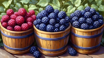 Freshly harvested raspberries, blackberries, and blueberries displayed in wooden baskets outdoors in a garden setting