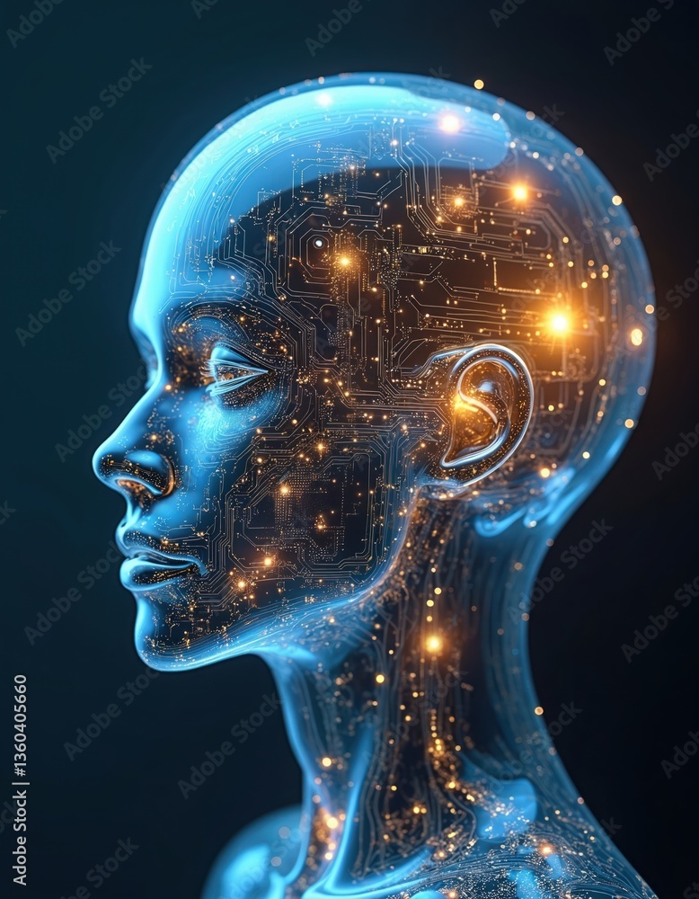 Poster illustration of ai concept. digital human face with circuit board design inside. future tech, artifi
