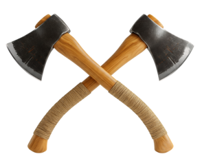 Crossed Viking axes with wooden handles on white background