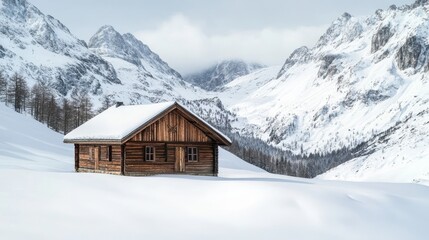 A wooden cabin surrounded by snow-covered mountains in winter