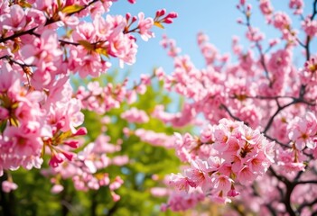 Fototapeta premium Delicate pink cherry blossoms frame a vibrant spring scene, spring, floral art
