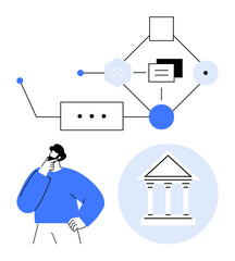 Flowchart with interconnected elements, a thinking man, and a government building icon. Ideal for decision-making, workflow, planning, analysis, governance, problem-solving and strategy in a flat