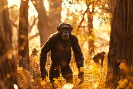 Lifelike reconstruction of extinct Australopithecus afarensis including Lucy walking upright through African woodland small ape like hominin mix of human primate feature long arm slightly protruding