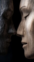 Fototapeta premium Wooden faces in the concept of duality. Wooden faces with expressions of feelings and emotions.