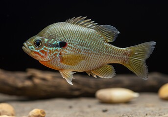 Redear Sunfish Aquatic Wildlife Stock Photo - Close-up view of a Redear Sunfish, showcasing its vibrant colors and intricate details. The image symbolizes aquatic life, freshwater ecosystems