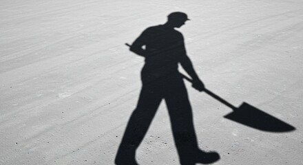 Fototapeta premium Black shadow of man farmer with shovel on concrete ground. Laborer with work tool with copy space for agriculture banner, construction, repair, renovation service promo