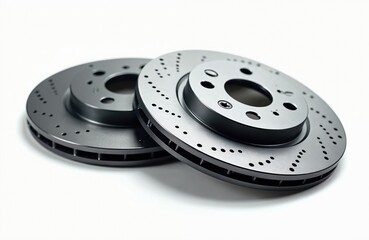 Two perforated automotive brake rotors displayed against white background. High-performance drilled ventilated disc brakes for car, automobile. Metallic silver steel auto parts for vehicle repair.