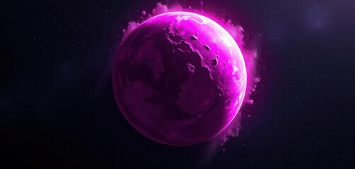 Magenta planet encircled by shimmering stardust, cosmic dust swirling, vibrant, science, otherworldly