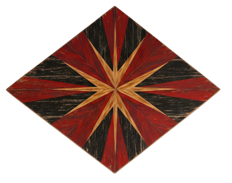 Geometric starburst wooden wall art with red, black, and natural wood tones on a white background