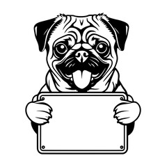  Pug Dog Holding Sign Black SVG Vector Outline