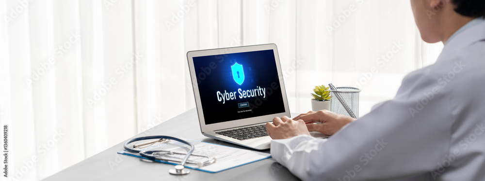 Poster cyber security system on computer screen protect private information brisk from hacker and cyber att