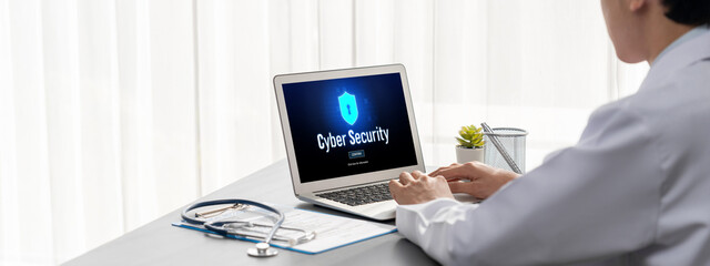 Cyber security system on computer screen protect private information brisk from hacker and cyber...