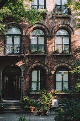Obraz premium Charming brick building surrounded by lush greenery showcasing classic architecture in an urban setting during a sunny day