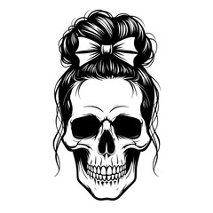  Skull with Messy Bun and Bow SVG Vector Outline