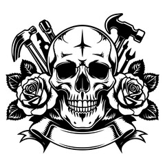  Skull with Roses Tools and Banner Black Vector Illustration