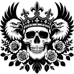 Obraz premium Skull with Crown Eagles and Roses Black Vector Outline