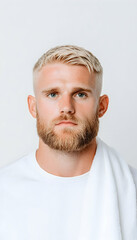 Obraz premium Portrait of a young, blond-haired, bearded man with a serious expression, wearing a white t-shirt against a plain white background