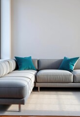 Sleek gray sectional sofa with plush teal pillows, minimalist setting, style, living, house