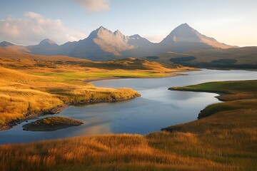 Scottish Highlands lake sunset view.