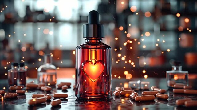 Amber elixir bottle with heart, glowing medicine lab