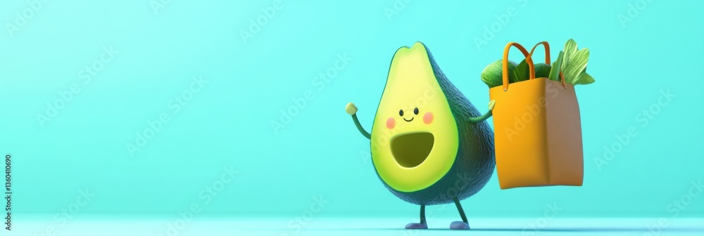 Poster Humorous cartoon avocado joyfully carrying a large grocery bag in a playful pastel setting for a cheerful shopping adventure Generative AI