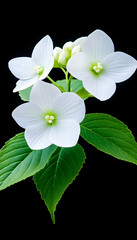 Pure white blossoms with vibrant green leaves, isolated on black background