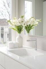 Bright Minimalist Bathroom with Modern Fixtures and White Floral Decor by Large Window
