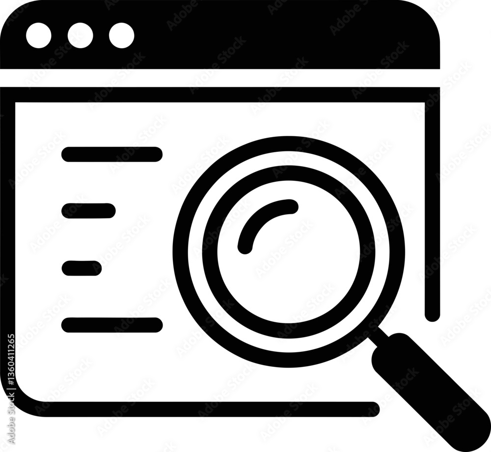 Poster black search results icon: browser with magnifying glass and lines - website search listings symbol: