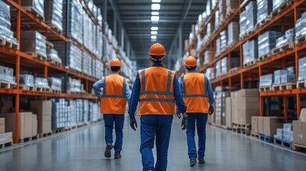 Warehouse workers in safety vests walking down an aisle with shelves filled with boxes and products during day shift